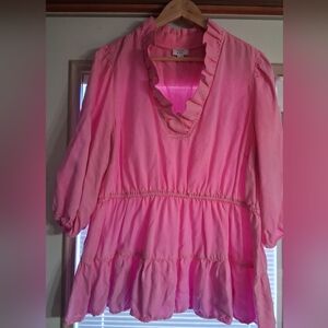 Crown & Ivy Pink Ruffle V-Neck Blouse